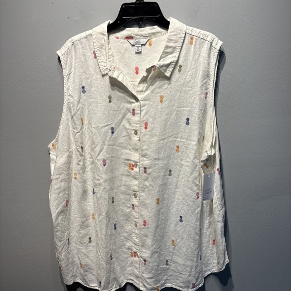 Croft & Barrow White  Pineapple Print Sleeveless Button Up Blouse Linen Blend 3X - Picture 1 of 7
